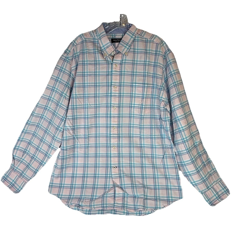Nautica Plaid Button Down Shirt L Pink Blue Cotton Preppy Coastal Classic Casual - Picture 2 of 7